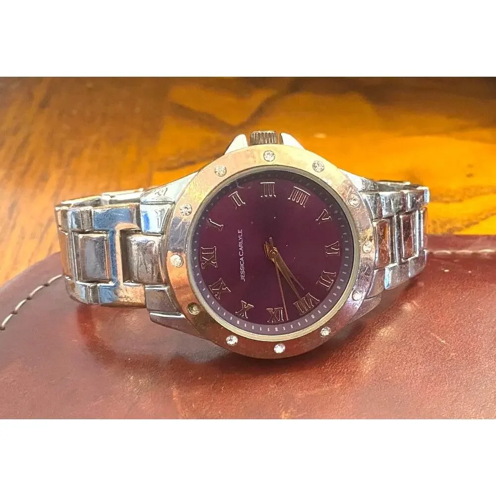 35mm Two Tone Jessica Carlyle Watch, Maroon Face, Crystal Accents